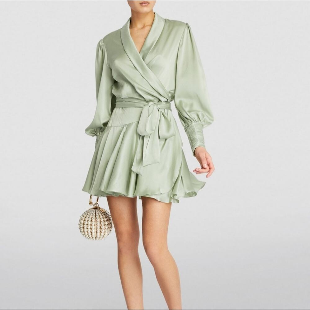 NWT$775 Zimmermann Sage Green Belted Wrap V-Neck Silk Mini Dress 2 (US 6-8, M)